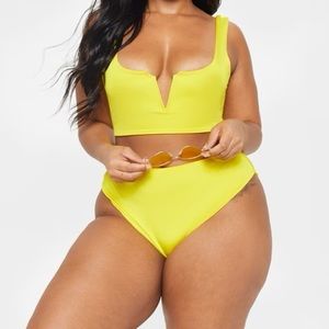 pretty little thing bright yellow v bar detail bikini set Sz 12